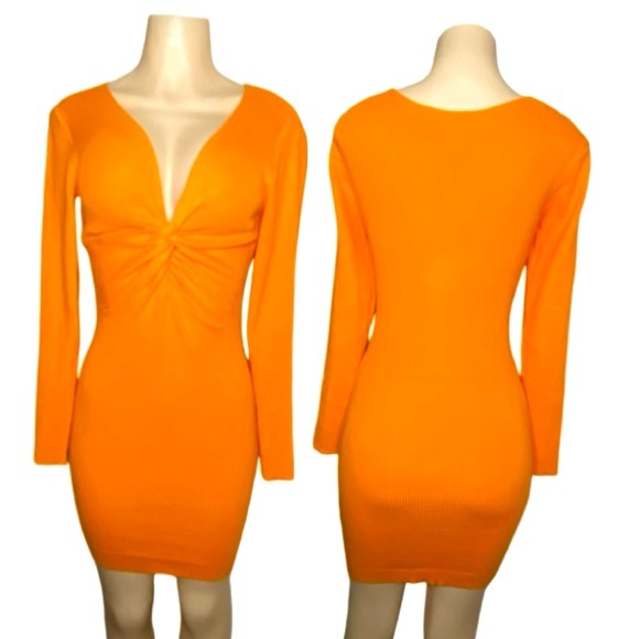 ZEAGOO Twist Front Bodycon Sweater Long Sleeve Deep V-Neck  Mini Dress Sz Small - Picture 2 of 4